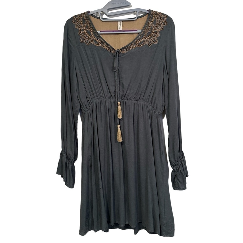 L Love Boho Lined Olive Green Dress Knee Length Tassels Tie Women's Medium